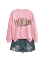 Flat lay of pink sweatshirt with 'I don't do winter' slogan and ripped denim shorts - Pink (Black Letters)