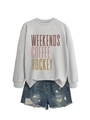 Detail view of cotton sweatshirt with gradient graphic text and distressed denim shorts - S / Gray