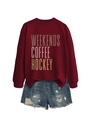 Close-up of Weekends Coffee Hockey graphic print on maroon long sleeve sweatshirt - S / Burgundy