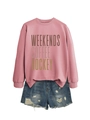 Detail of pink sweatshirt with WEEKENDS COFFEE HOCKEY print and distressed denim shorts - S / Rose Gold