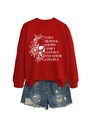 Detail of red crewneck sweatshirt with skull rose print and distressed denim shorts - S / Bright Red (White Print)