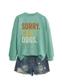 Détail du sweat vert menthe avec imprimé SORRY CAN'T DOGS BYE et short en jean - S / Vert clair