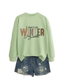 Detail of crewneck sweatshirt with I don't do winter very well slogan and denim shorts - Olive Green (Black Letters)