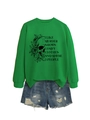 Detail of green crewneck sweatshirt with skull and floral print paired with denim shorts - S / Grass Green (Black Print)
