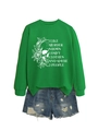 Detail of green crewneck sweatshirt with skull print and distressed denim shorts - S / Grass Green (White Print)