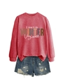 Detail of loose brick red sweatshirt featuring I Don't Do Winter Very Well print graphic - Red (White Letters)