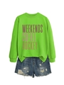 Flat lay of bright green sweatshirt with Weekends Coffee Hockey text and denim shorts - S / Fluorescent Green