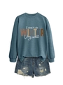 Detail of blue crewneck sweatshirt with slogan and distressed denim shorts - Blue (White Print)
