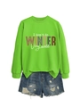 Detail of green crewneck sweatshirt with I don't do WINTER very well slogan and denim shorts - Fluorescent Green (White Graphic)