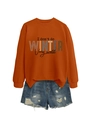 Close-up of orange sweatshirt with I don't do winter very well print and denim shorts - Rust Orange (Black Graphic)