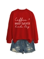 Sweat rouge imprimé café à plat avec un short en jean bleu délavé et usé - S / Rouge Vif (Police Blanche)