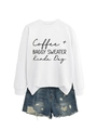 Detailed flat lay of white crewneck sweatshirt with black coffee text and denim shorts - White (Black Font)