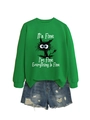 Détail du sweat vert à col rond avec motif chat et citation d'humour sur fond blanc - S / Vert Herbe (Imprimé Blanc)