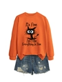 Detail of orange sweatshirt with funny cat print and frayed denim shorts set - Orange (Black Print)
