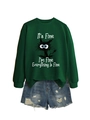 Close-up of crewneck sweatshirt ribbing and artistic cat print with text details - Dark Green (White Print)