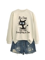 Flat lay of beige sweatshirt with cat graphic and It's Fine I'm Fine slogan design - Sand (Black Print)