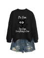 Detail of creative cat graphic and humorous text on a black crewneck sweatshirt - Black (White Print)