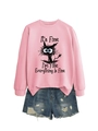Detail of pink sweatshirt with humorous cat print and distressed denim shorts set - Pink (Black Print)