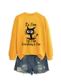 Flat lay of yellow sweatshirt with cat graphic and distressed blue denim shorts - Yellow (Black Print)