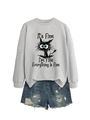 Detail of gray sweatshirt featuring funny cat graphic and It's Fine I'm Fine slogan - Grey (Black Print)