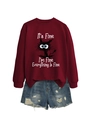 Detailed view of women's burgundy sweatshirt with sarcastic cat print and denim shorts - Wine Red (White Print)