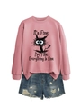 Detail of pink crewneck sweatshirt with cartoon cat print and ribbed cuffs and hem - Rose Gold (Black Print)