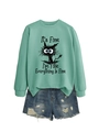 Close-up of mint green sweatshirt with 'It's Fine' cat print and ripped denim shorts - Light Green (Black Print)