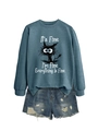 Detail of grey-blue crewneck sweatshirt featuring a quirky cat graphic and slogan - Blue (White Print)