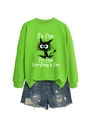 Detail of funny cat graphic sweatshirt in neon green with distressed denim shorts - Fluorescent Green (White Print)