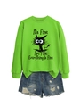 Detail of lime green crewneck sweatshirt with humorous cat print and distressed denim shorts - Fluorescent Green (Black Print)