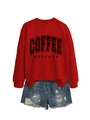 Detailed flat lay of red Coffee Weather sweatshirt with distressed blue denim shorts - S / Red Sweatshirt (Black Graphic)