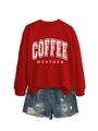 Flat lay of red Coffee Weather sweatshirt paired with distressed blue denim shorts - S / Red Sweatshirt (White Graphic)