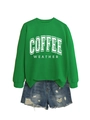 Detail of green Coffee Weather sweatshirt with ribbed cuffs and blue denim shorts - S / Grass Green Sweatshirt (White Graphic)