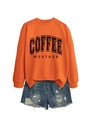 Orange Coffee Weather sweatshirt paired with distressed denim shorts on white background - Orange Sweatshirt (Black Text Graphic)