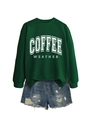 Detail of dark green Coffee Weather sweatshirt with distressed denim shorts - Dark Green Sweatshirt (White Text)