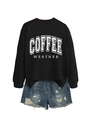 Detail of black Coffee Weather sweatshirt paired with distressed blue denim shorts - Black Sweatshirt (White Text)