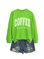 Detail of coffee weather neon green sweatshirt and distressed blue denim shorts - Neon Green Sweatshirt (White Graphic)