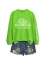 Détail du sweat-shirt vert à col rond avec imprimé livre fleuri et texte sur la manche - Vert fluorescent (Graphique blanc)