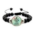 Bracciale elastico di perline nere con ciondolo 'Keep Calm and Love Cats' inciso - Tema Amore per i Gatti (JY008109-2)