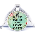 Keep Calm and Love Cats necklace with pink roses on mint green striped pendant - Black Cat Silhouette Style (JY008111-2)