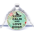 Keep Calm and Love Dogs silver pendant necklace with floral glass cabochon - Dog Silhouette Style (JY008111-3)