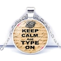 Silver retro glass dome pendant necklace with Keep Calm And Type On quote design - Typewriter Pattern Style (JY008111-5)