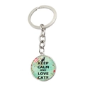 Zilveren sleutelhanger met Keep Calm and Love Cats hanger, zwarte kat en blauwe strepen - Kattenthema Stijl(JY008110-2)