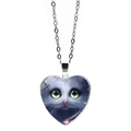 Süße herzförmige Katzenhalskette mit Glaskabochon und silberner Gliederkette - Realistische Graue Katze Mit Grünen Augen (JY008167-2)