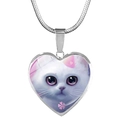 Süße weiße Katze Herz Anhänger Halskette mit silberner Schlangenkette für Damen Schmuck - Weiße Kätzchen Illustrationsstil (JY008168-3)