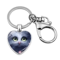 Hartvormige zilveren sleutelhanger met kattenillustratie met groene ogen en blauwe vacht - Blauw-paarse kat met grote ogen illustratie(JY008169-2)
