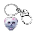 Schattige witte kat illustratie in hartvormige zilveren metalen sleutelhanger met clip - Schattige witte kat met grote ogen cartoon(JY008169-3)