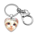 Heart-shaped silver keychain featuring a cute crowned cat illustration on white background - White Cat with Crown Illustration(JY008169-8)