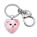 Heart-shaped keychain featuring a fluffy white cat with blue eyes and purple bow charm - Blue-eyed Pink and White Cat(JY008169-10)
