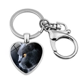 Silver heart-shaped keychain with a grey cat photo pendant on a white background - Yellow-eyed Black-grey Cat(JY008169-11)